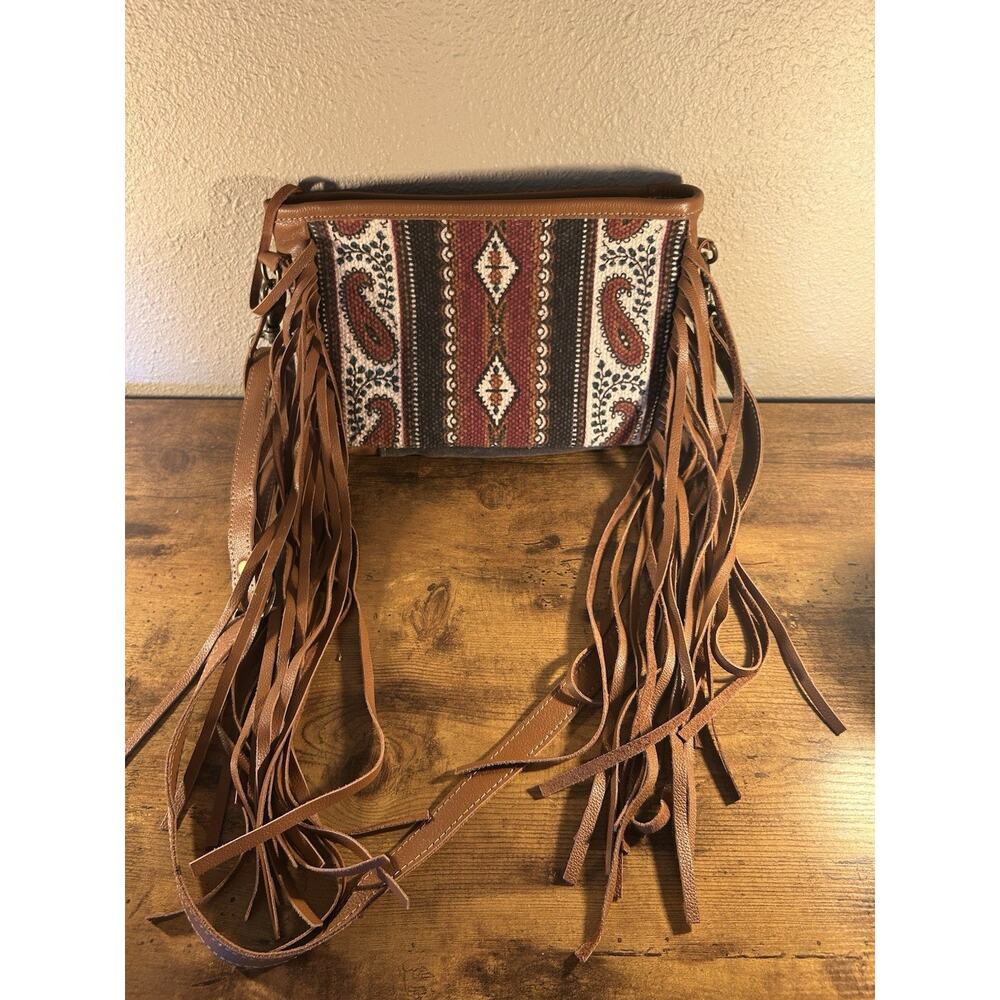 Boho Fringe Crossbody Bag Southwestern Tapestry Faux Leather Festival Purse